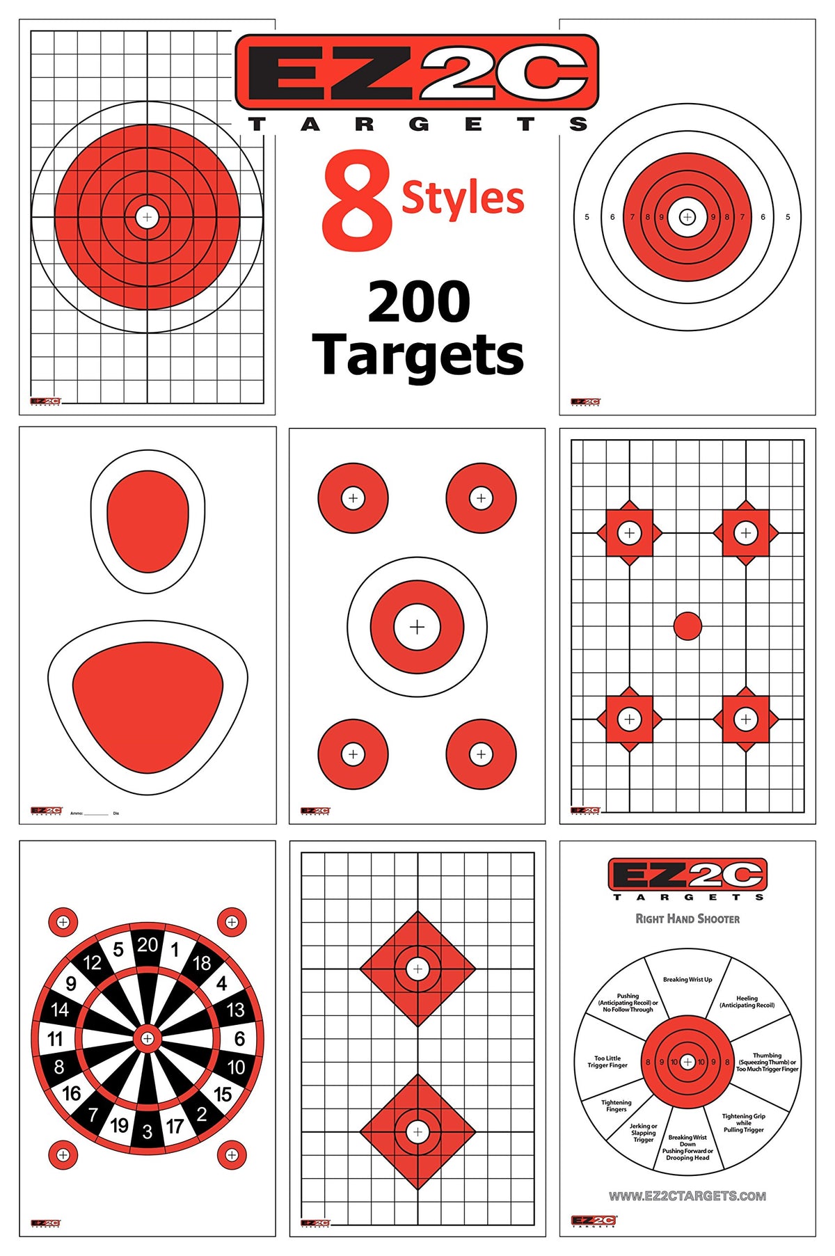 200 EZ2C Targets Most Popular 8 Styles Paper Targets Bundle Pack 11"x17" USA Made