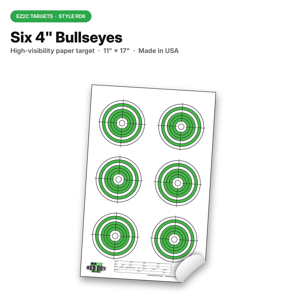 EZ2C Targets RD6: Six 4” Bullseyes Paper Shooting Target 11"x17" USA MADE