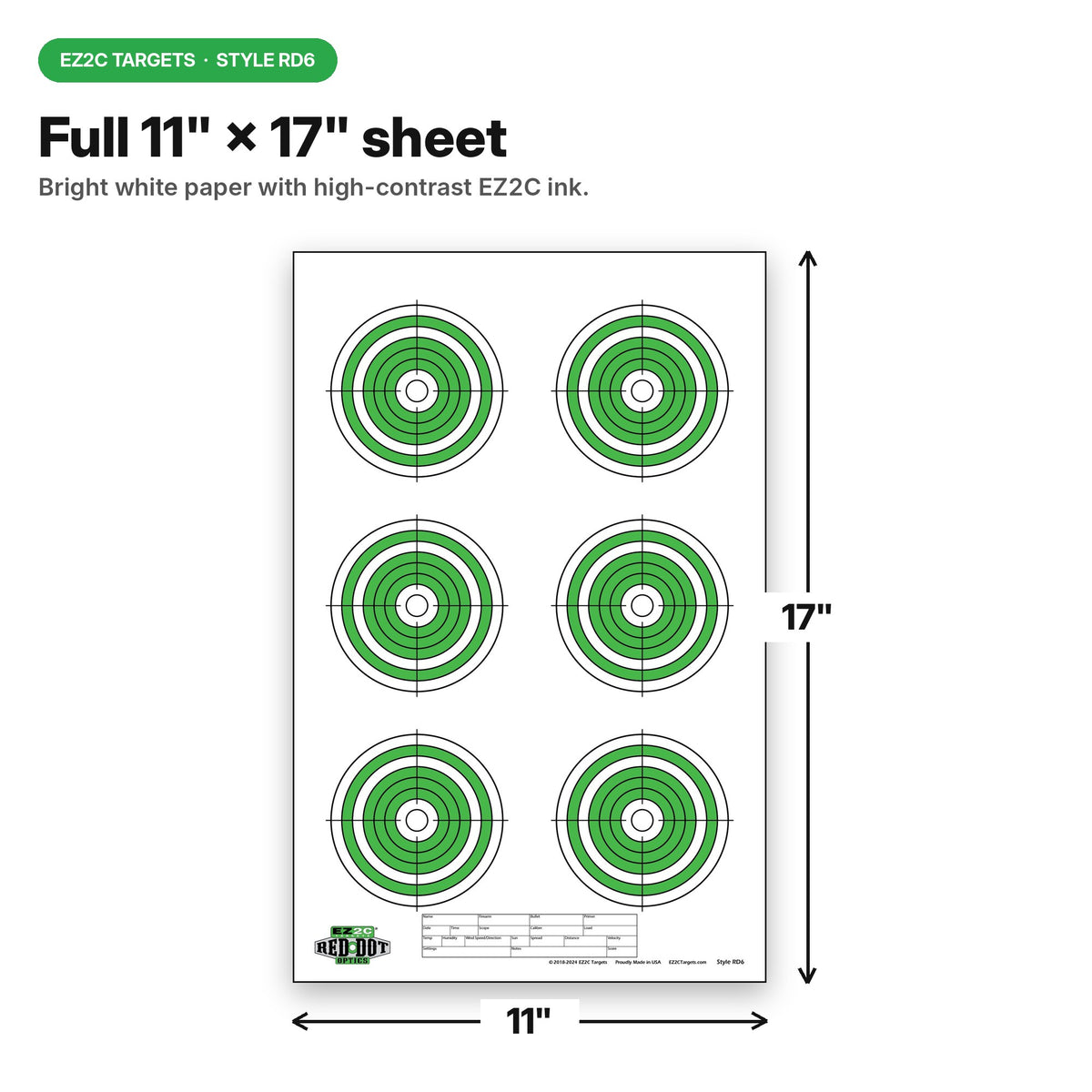 EZ2C Targets RD6: Six 4” Bullseyes Paper Shooting Target 11"x17" USA MADE