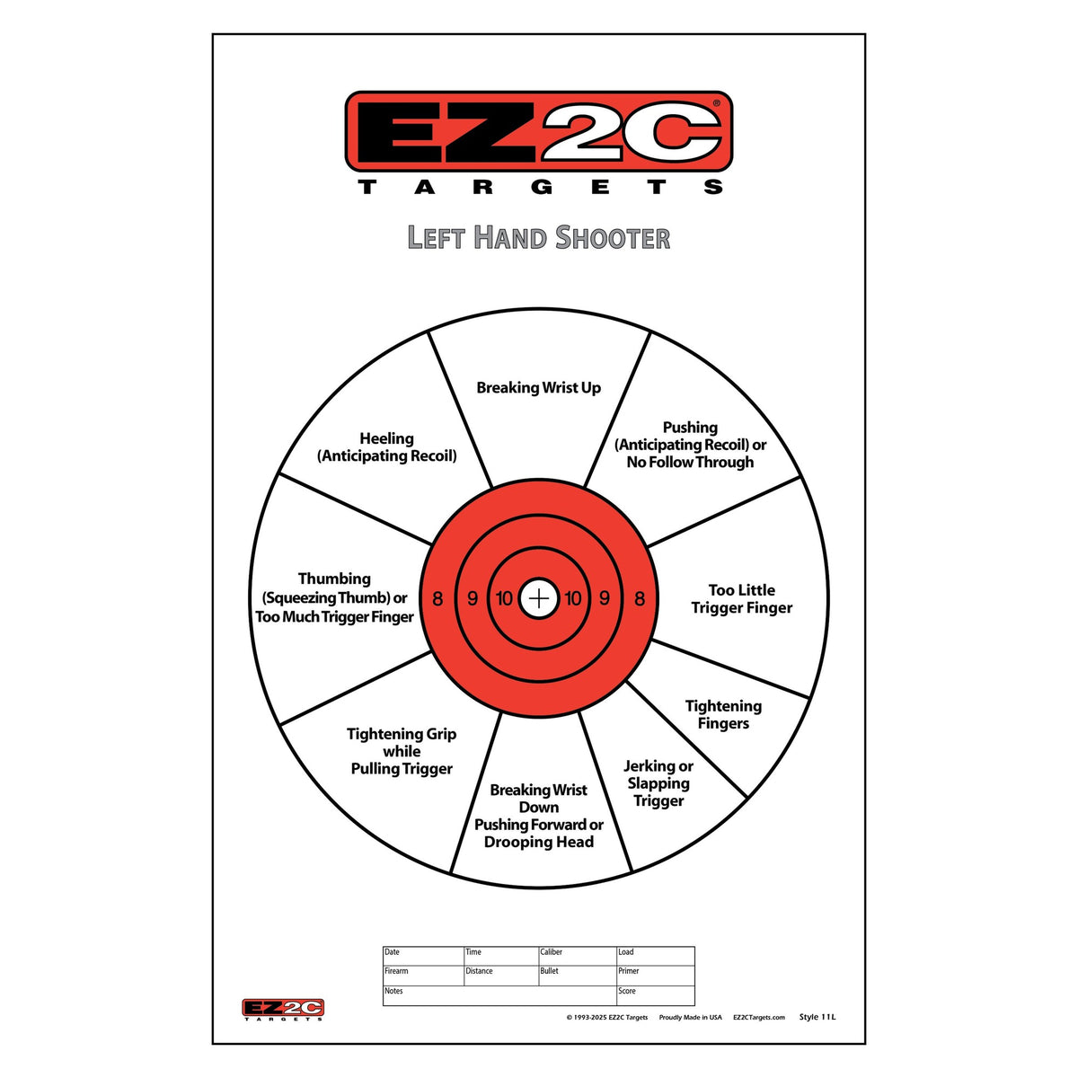 EZ2C Right Hand/Left Hand Diagnostic Training Paper Target 11”x17” USA MADE Style 11