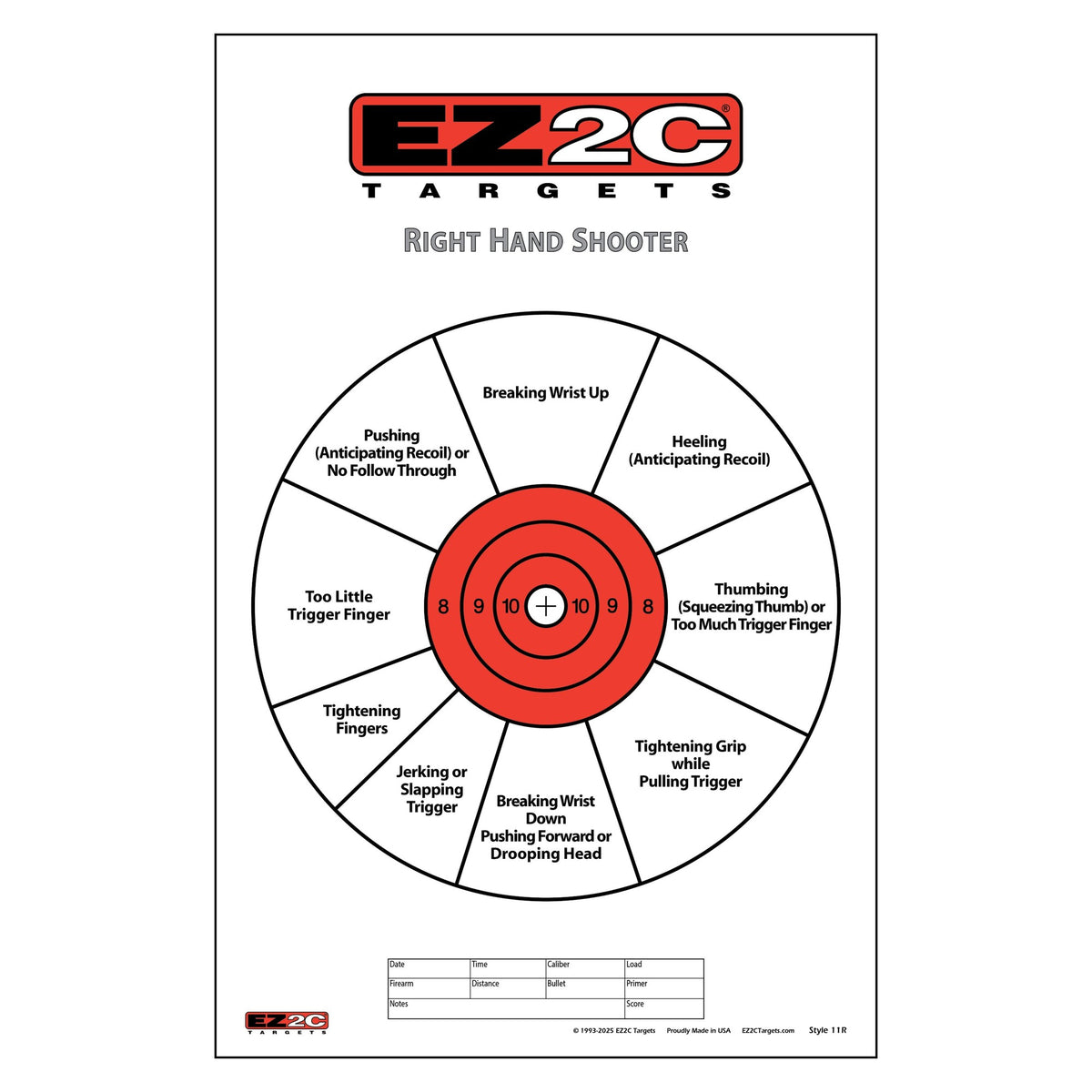 EZ2C Right Hand/Left Hand Diagnostic Training Paper Target 11”x17” USA MADE Style 11