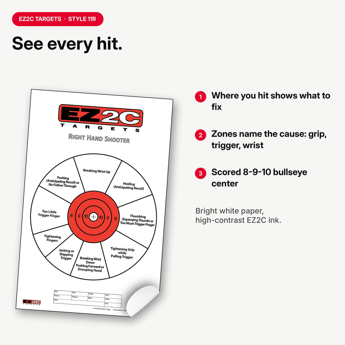 EZ2C Right Hand/Left Hand Diagnostic Training Paper Target 11”x17” USA MADE Style 11