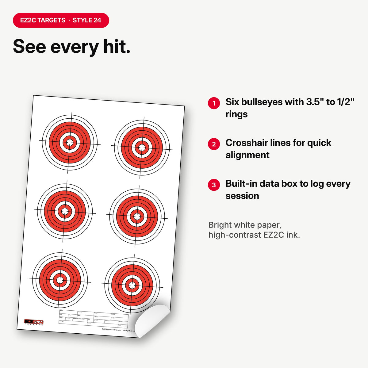 EZ2C Targets #24: Six Bullseye 11"x17" Shooting Paper Target USA MADE