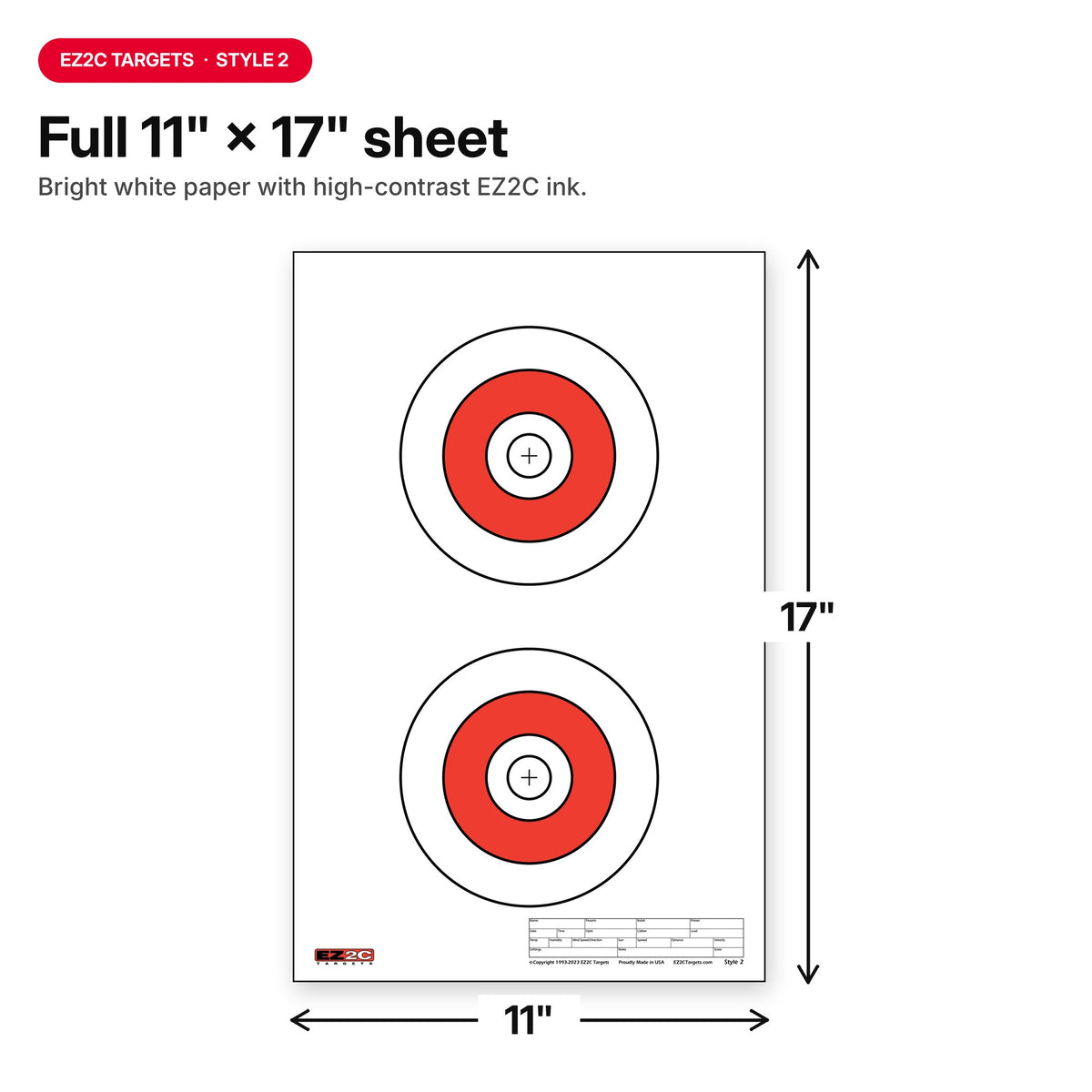 EZ2C Targets #2: Double Bullseye Paper Shooting Range Targets USA MADE 11”x17”