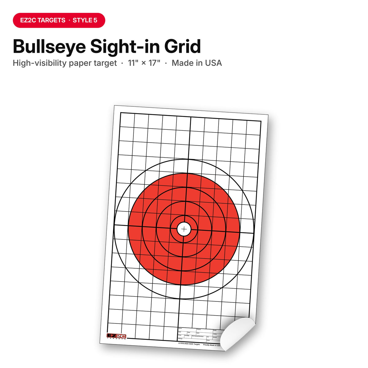 EZ2C Targets #5: Bullseye w 1" Grids for Sight-in 11"x17" USA MADE