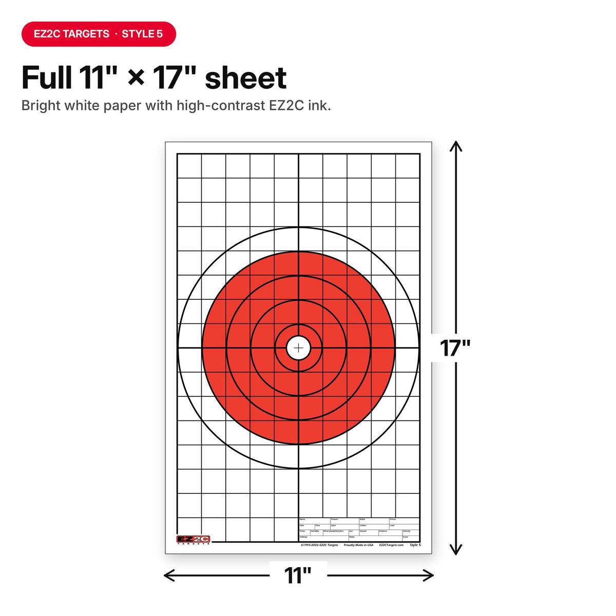 EZ2C Targets #5: Bullseye w 1" Grids for Sight-in 11"x17" USA MADE