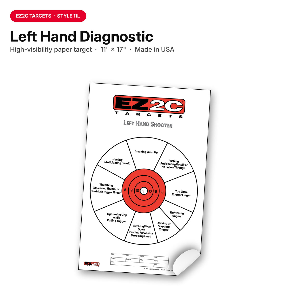 EZ2C Right Hand/Left Hand Diagnostic Training Paper Target 11”x17” USA MADE Style 11
