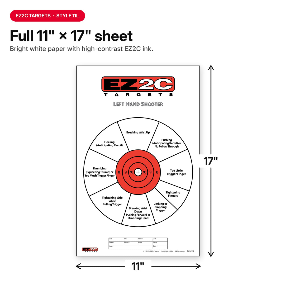 EZ2C Right Hand/Left Hand Diagnostic Training Paper Target 11”x17” USA MADE Style 11