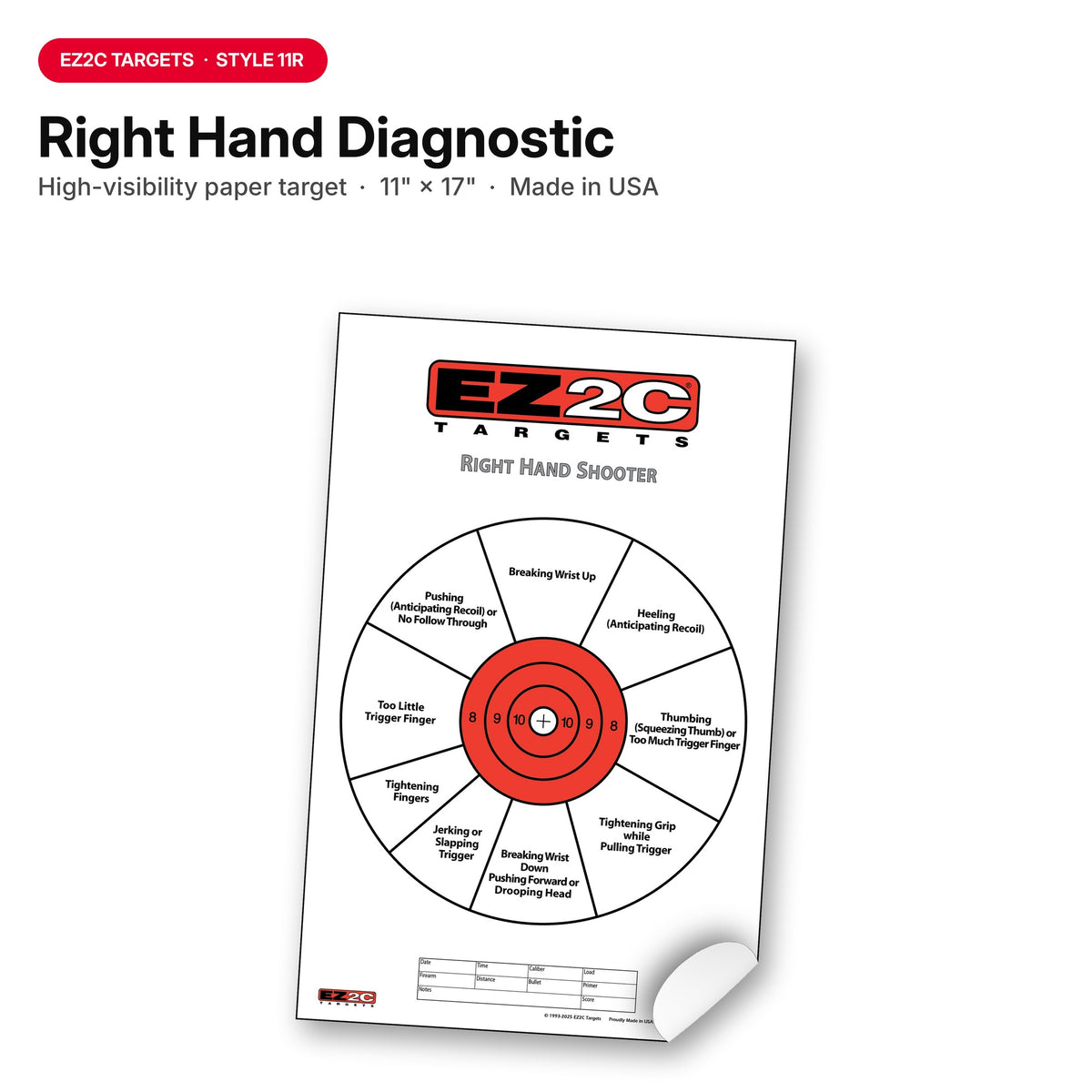 EZ2C Right Hand/Left Hand Diagnostic Training Paper Target 11”x17” USA MADE Style 11