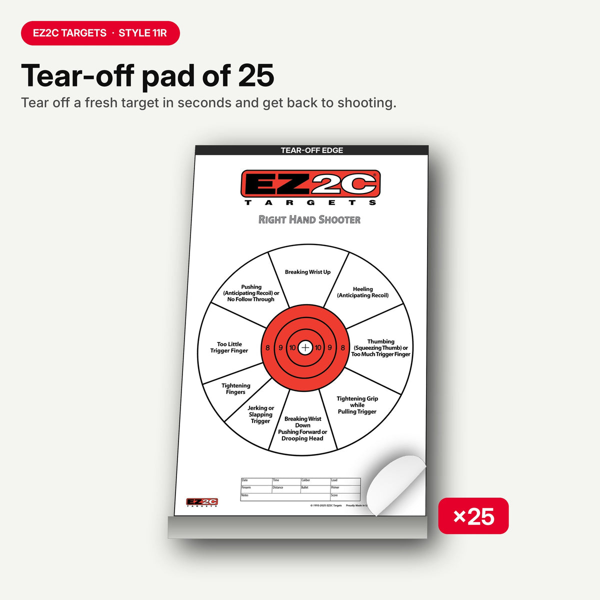 EZ2C Right Hand/Left Hand Diagnostic Training Paper Target 11”x17” USA MADE Style 11