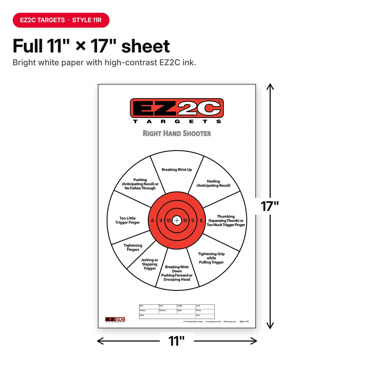 EZ2C Right Hand/Left Hand Diagnostic Training Paper Target 11”x17” USA MADE Style 11