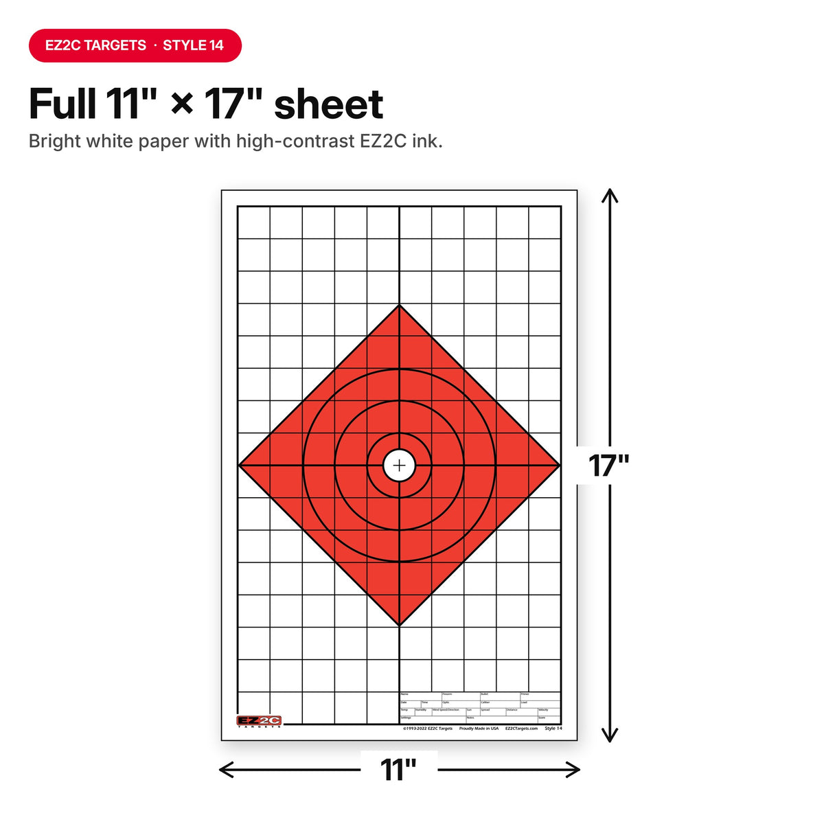 EZ2C Targets #14: Diamond Paper Shooting Target USA MADE Sight in 11”x17”