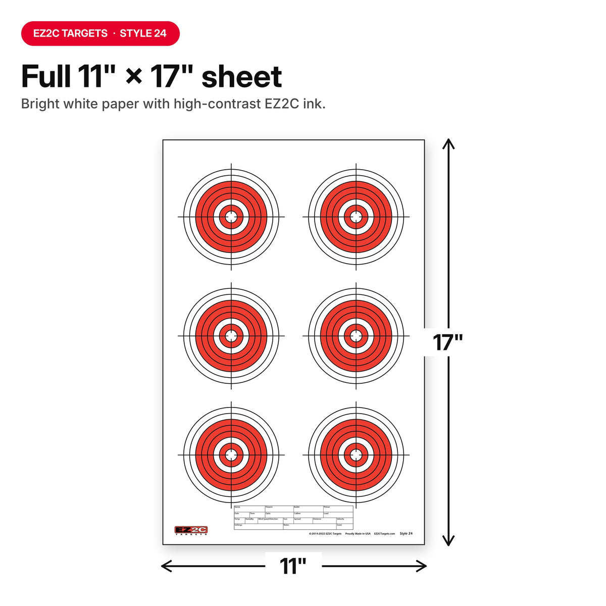 EZ2C Targets #24: Six Bullseye 11"x17" Shooting Paper Target USA MADE