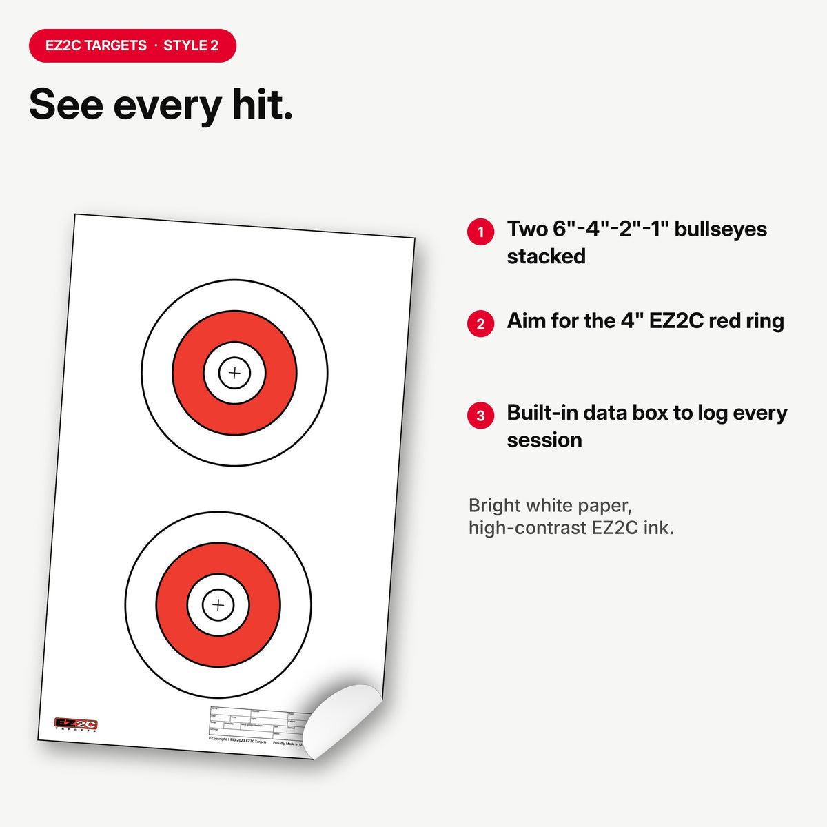 EZ2C Targets #2: Double Bullseye Paper Shooting Range Targets USA MADE 11”x17”