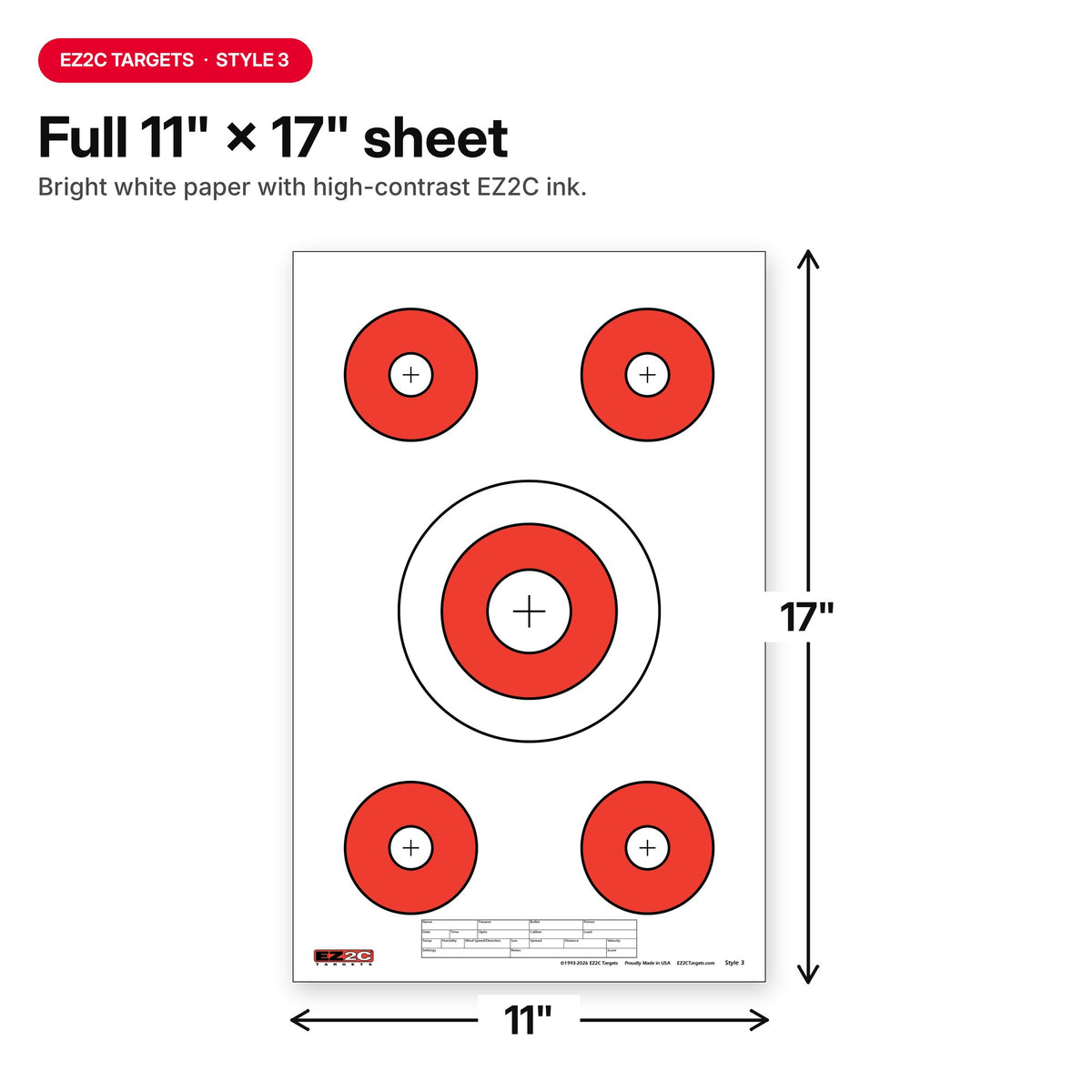 EZ2C Targets #3: Paper Shooting Targets 11"x17" USA Made