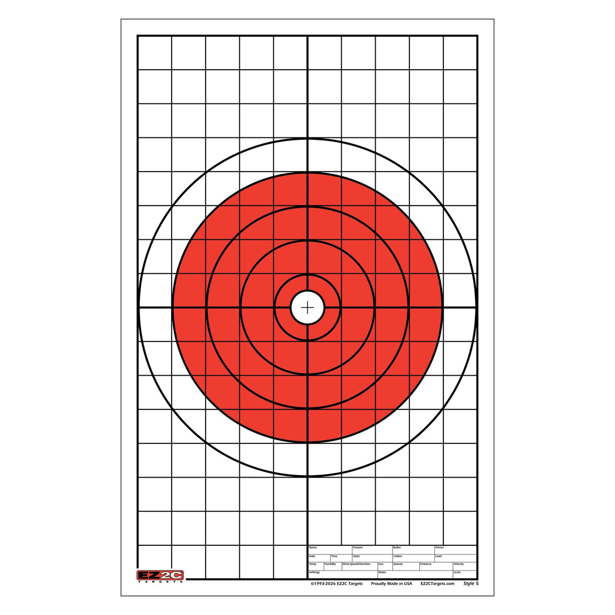 EZ2C Targets #5: Bullseye w 1" Grids for Sight-in 11"x17" USA MADE
