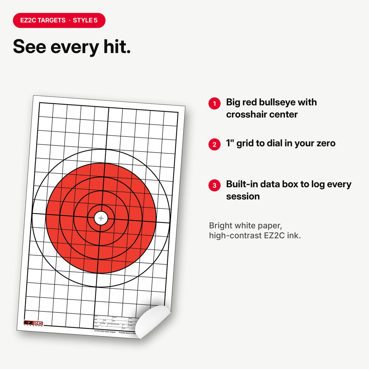 EZ2C Targets #5: Bullseye w 1" Grids for Sight-in 11"x17" USA MADE